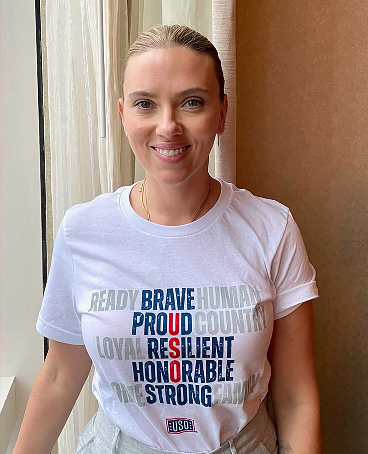 Scarlett Johansson in the USO Official 2023 T-Shirt