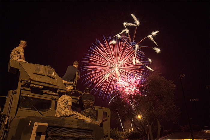 Service members looking at fireworks in the sky