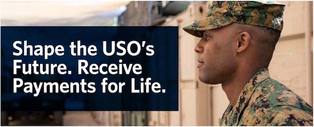 Image of service member with caption: Shape the USO's Future. Receive Payments for Life.