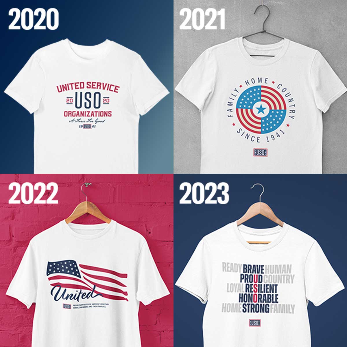 collage of different USO T-shirts throughout the years