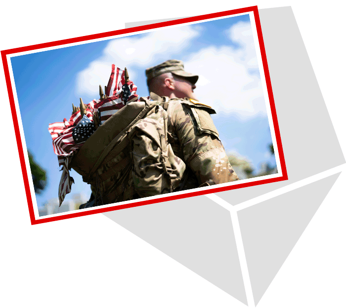 USMC Birthday card graphic with a photo of a service member carrying a backpack filled with American flags