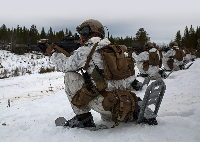 Service members in the snow aiming their guns 