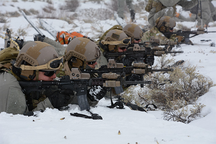 Service members in the snow aiming their guns
