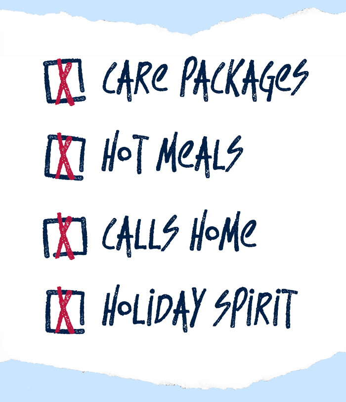 care packages, hot meals, calls home, holiday spirit 