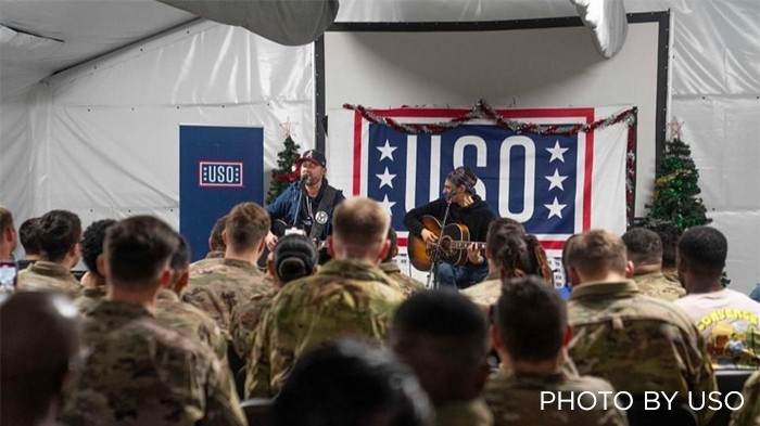 Celebrities performing for service members on the European Celebrity Tour, provided by USO Entertainment